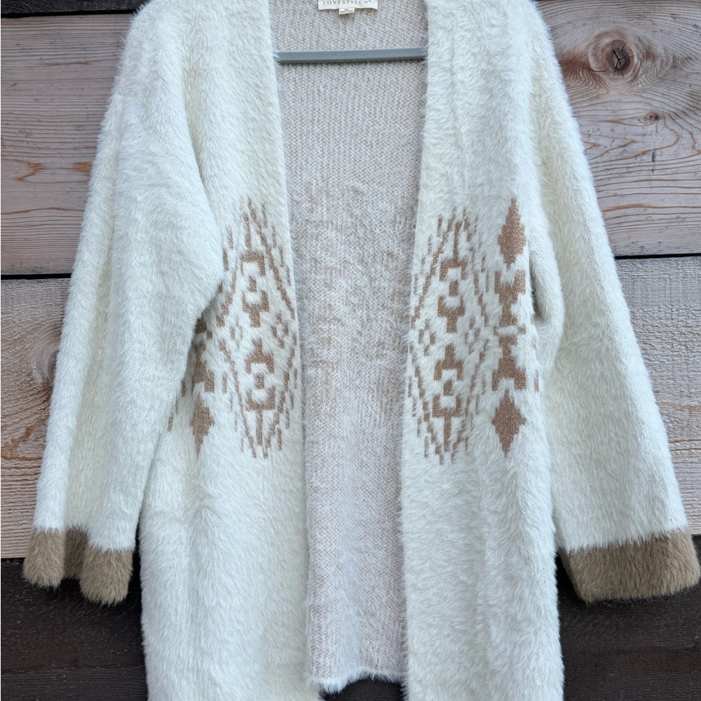 Lovestitch Cozy Ivory & Tan Patterned Sweater Cardigan Sz Medium